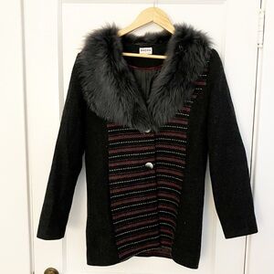 Brora Black Red Wool Sheepskin Faux Fur Dramatic Collar Cozy Cardigan Duster 10